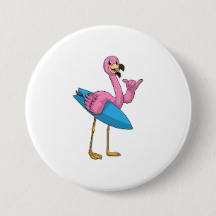Flamingo als Surfer met Surfboard Ronde Button 7,6 Cm