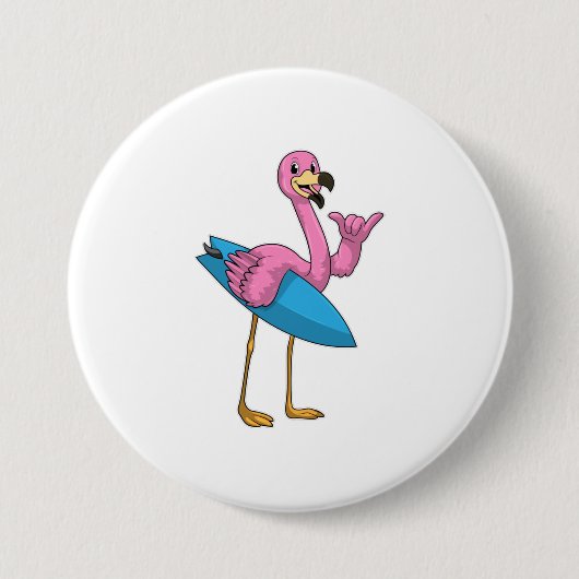Flamingo als Surfer met Surfboard Ronde Button 7,6 Cm (Voorkant)