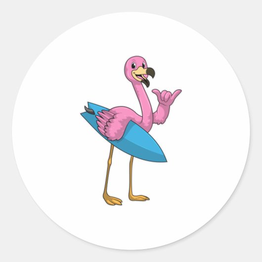 Flamingo als Surfer met Surfboard Ronde Sticker (Voorkant)