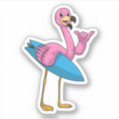 Flamingo als Surfer met Surfboard Sticker (Voorkant)
