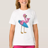 Flamingo als Surfer met Surfboard T-shirt (Voorkant)