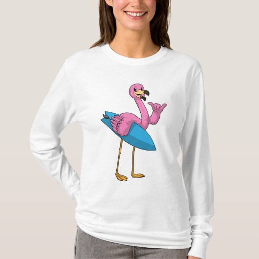 Flamingo als Surfer met Surfboard T-shirt (Voorkant)