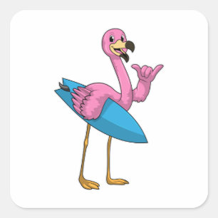 Flamingo als Surfer met Surfboard Vierkante Sticker