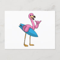 Flamingo als surfer met surfplank