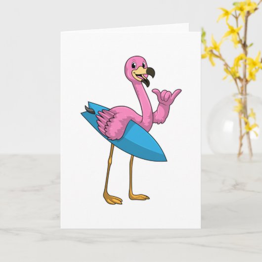 Flamingo als surfer met surfplank kaart (Gele Bloem)