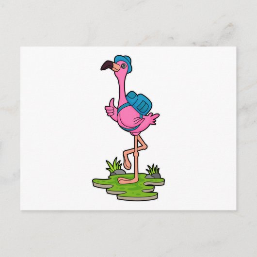 Flamingo als wandelaar met rugzak briefkaart (Voorkant)