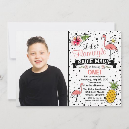 Flamingo Ananas Doodle Verjaardags Foto Uitnodigin Kaart (Voorkant)