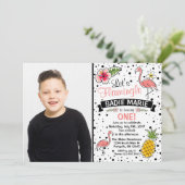 Flamingo Ananas Doodle Verjaardags Foto Uitnodigin Kaart (Staand voorkant)