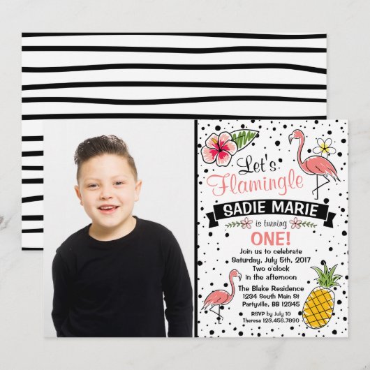 Flamingo Ananas Doodle Verjaardags Foto Uitnodigin Kaart (Voorkant / Achterkant)