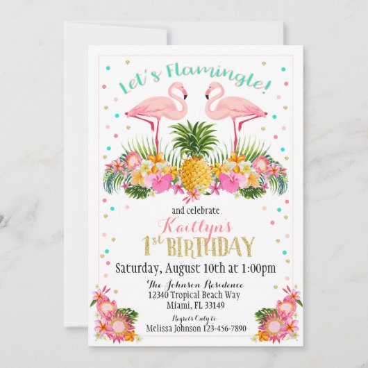 Flamingo ananas en tropische bloemen verjaardag kaart (Voorkant)