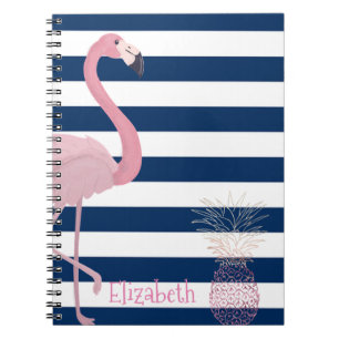 Flamingo,Ananas Marineblauwe Strepen-Gepersonalise Notitieboek