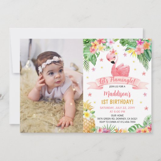 Flamingo Ananas Verjaardagsfeestfoto Kaart (Voorkant)