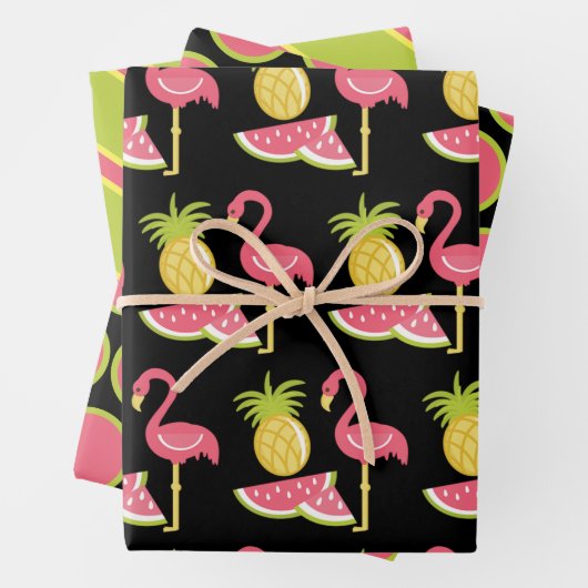 Flamingo and Fruit Wrapping Paper Sheet Set (In situ)