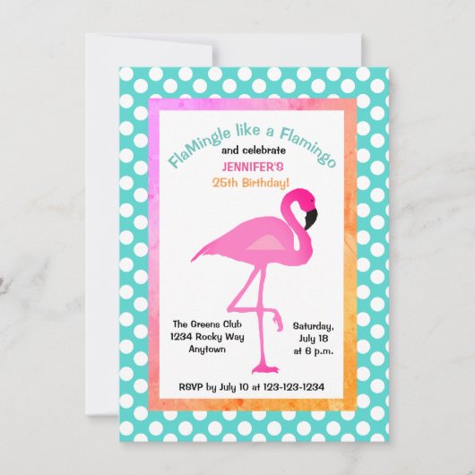 Flamingo and Polka Dot Party Invitation Kaart (Voorkant)