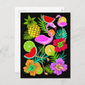 Flamingo and Summer Fruits Fun Pa Holiday Briefkaa Feestdagenkaart (Voorkant / Achterkant)