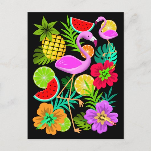 Flamingo and Summer Fruits Fun Pa Holiday Briefkaa Feestdagenkaart (Voorkant)