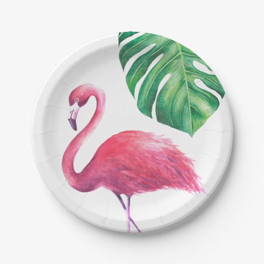 Flamingo and Tropical Leaves Party Borden Papieren Bordje (Voorkant)
