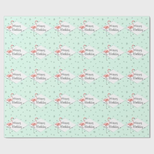 Flamingo Aqua diamond Happy Birthday Cadeaupapier (Vlak)