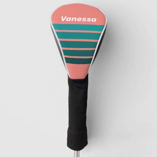 Flamingo Aqua Dwars Strepen met Naam Golfheadcover (Voorkant)