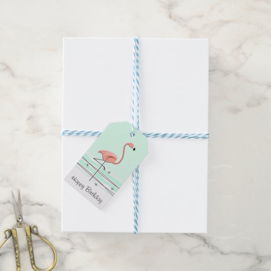 Flamingo Aqua Happy Birthday gift labels Cadeaulabel (Met Touw)