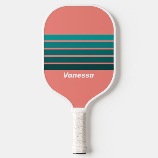Flamingo Aqua Overdwars Gestreept met Naam Pickleball Paddle (Voorkant)