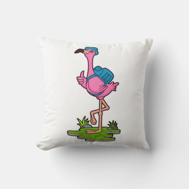 Flamingo as Hiker with Backpack Kussen (Voorkant)