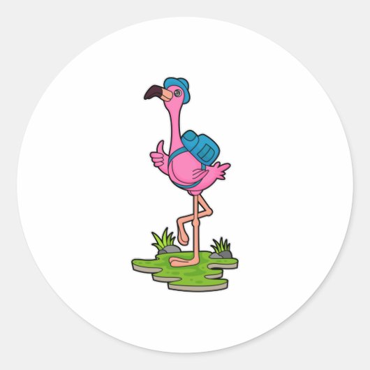 Flamingo as Hiker with Backpack Ronde Sticker (Voorkant)