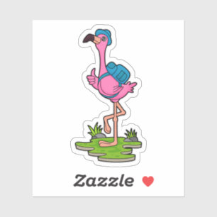 Flamingo as Hiker with Backpack Sticker