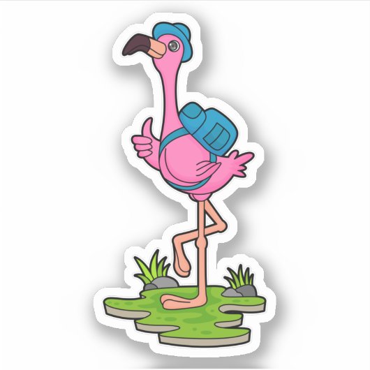 Flamingo as Hiker with Backpack Sticker (Voorkant)