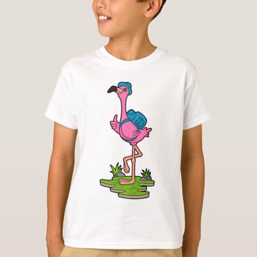 Flamingo as Hiker with Backpack T-shirt (Voorkant)