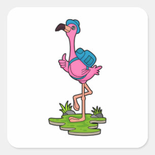 Flamingo as Hiker with Backpack Vierkante Sticker