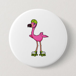 Flamingo as Skater with Roller skates & Helmet Ronde Button 7,6 Cm