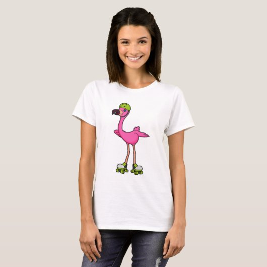 Flamingo as Skater with Roller skates & Helmet T-shirt (Voorkant volledig)