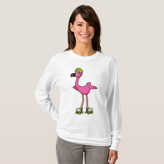 Flamingo as Skater with Roller skates & Helmet T-shirt (Voorkant volledig)