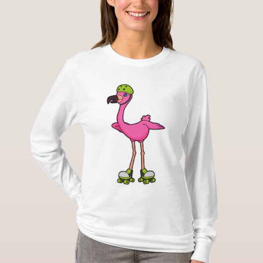 Flamingo as Skater with Roller skates & Helmet T-shirt (Voorkant)