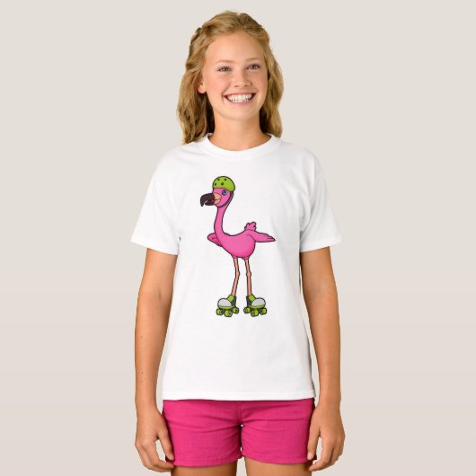 Flamingo as Skater with Roller skates & Helmet T-shirt (Voorkant volledig)