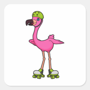 Flamingo as Skater with Roller skates & Helmet Vierkante Sticker