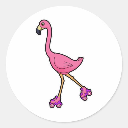 Flamingo as Skater with Roller skates Ronde Sticker (Voorkant)