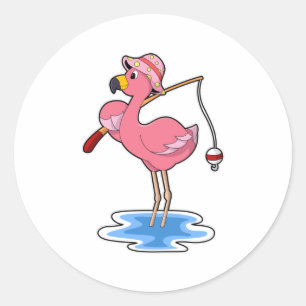 Flamingo at Fishing with Fishing rod Ronde Sticker