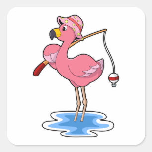 Flamingo at Fishing with Fishing rod Vierkante Sticker