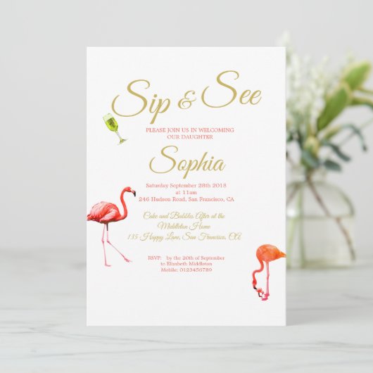 Flamingo Baby Blue Stripe Sip en zie Kaart (Staand voorkant)