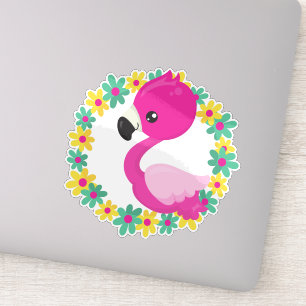 Flamingo, Baby Flamingo, Bird, Flowers Sticker