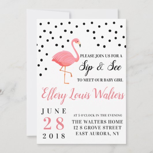 Flamingo Baby Girl Sip en zie Uitnodiging (Voorkant)