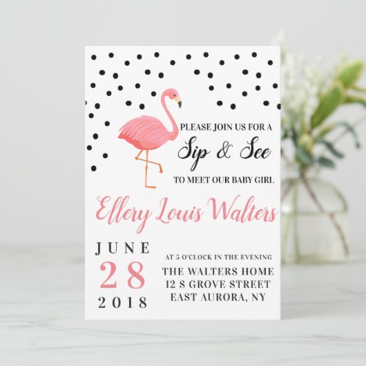 Flamingo Baby Girl Sip en zie Uitnodiging (Staand voorkant)