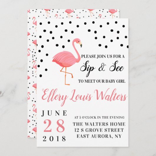 Flamingo Baby Girl Sip en zie Uitnodiging (Voorkant / Achterkant)