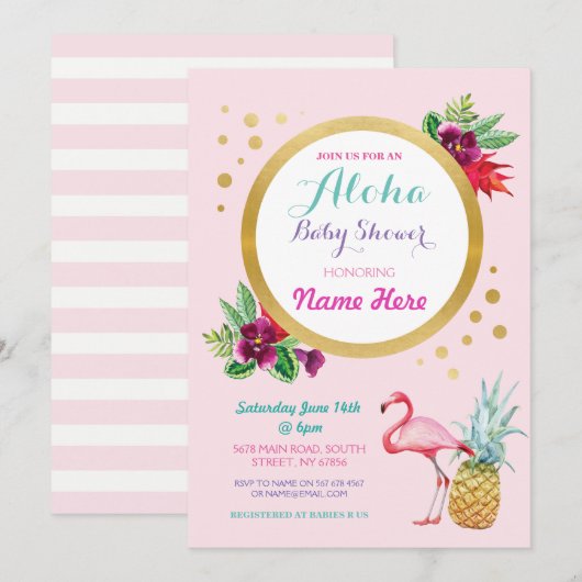 Flamingo Baby shower Aloha Tropical Invite Kaart (Voorkant / Achterkant)