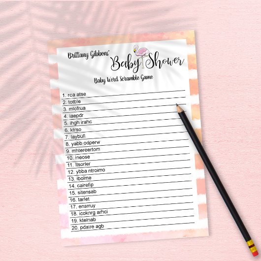 Flamingo Baby shower Baby Word Search Game Kaart