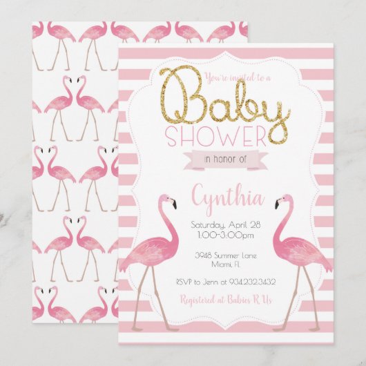 Flamingo Baby shower Invitation Kaart (Voorkant / Achterkant)