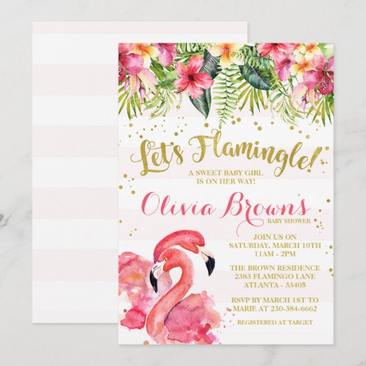 Flamingo Baby shower Invitation Let's Flamingle Kaart (Voorkant / Achterkant)