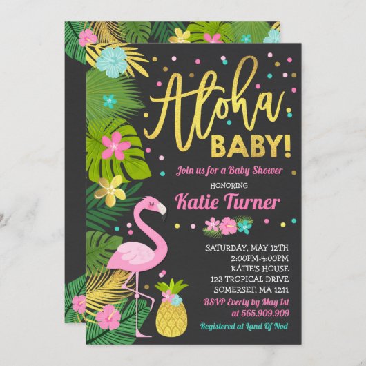 Flamingo Baby shower Invitation Tropical Shower Kaart (Voorkant / Achterkant)